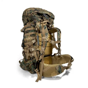 3/4 View: of the ILBE APB03 Rucksack showing MOLLE webbing, compression straps, and heavy-duty zippers for easy access.