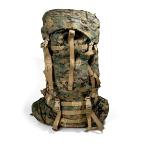 Front View: USMC ILBE APB03 Field Pack in MARPAT Woodland Digital Camo, designed by Arc'teryx and built for heavy-duty military use.