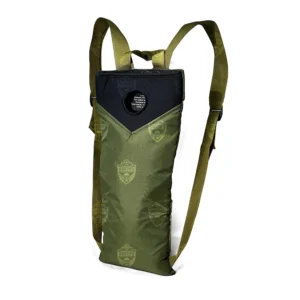 Angled front view of the CamelBak MOLLE Hydration Carrier, highlighting its insulated design, adjustable straps, and MOLLE compatibility.