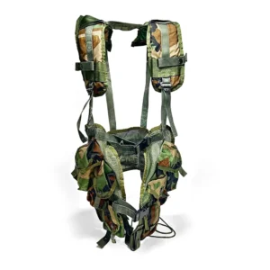 U.S. Military Issue Enhanced Tactical Load Bearing Vest LBV II – Front view, M81 Woodland Camo, ALICE-compatible, adjustable fit.