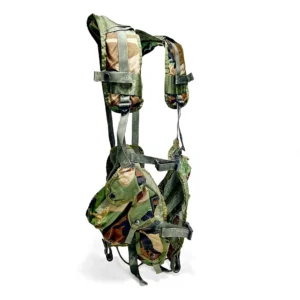 Enhanced Tactical Load Bearing Vest LBV II – Angled front view showcasing M81 Woodland Camo, mag pouches, grenade pouches, quick-release buckles, and padded shoulder straps.