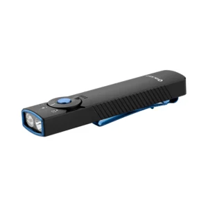 Angled product shot of Arkfeld Pro flashlight showing side ribbed texture, blue clip, and dual lens assembly