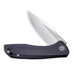 CIVIVI Baklash flipper knife with satin drop point blade and black G10 handle partially deployed for easy one-handed access