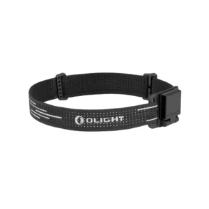 Side angle of the Oclip Headlamp Strap highlighting the reflective Olight logo and hinged mounting clip.