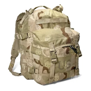 Front right view of USGI MOLLE II 3 Day Assault Pack in 3 Color Desert DCU showing front cargo pocket and compression straps