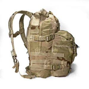 Right side view of USGI MOLLE II 3 Day Assault Pack in Desert Camo DCU showing side MOLLE attachment points