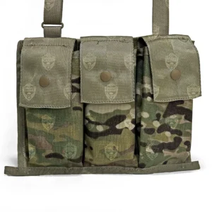 Front view of U.S. Issue MOLLE II M4 magazine bandoleer pouch in Multicam OCP with three snap-closure flaps