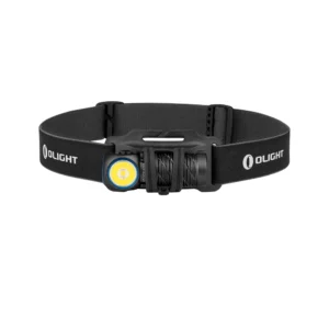 Olight Perun 2 Mini headlamp in black mounted on adjustable headband for hands-free lighting