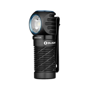 Side profile of Olight Perun 2 Mini black headlamp showing textured grip and clip