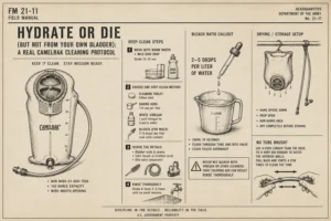 Field-manual style infographic showing how to clean a CamelBak bladder, including deep-clean steps, a safe bleach ratio, and the correct drying setup